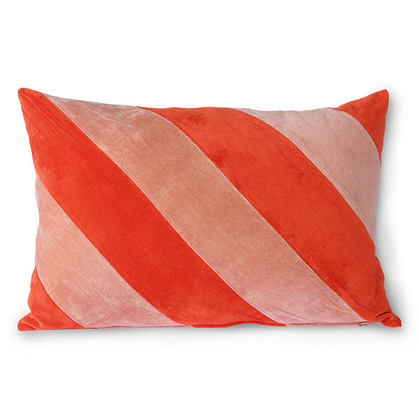Coussin Rayé en Velours – Rouge / Rose